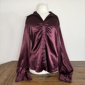 Apt. 9 Stretch Burgundy Satin Button-Up Blouse XL